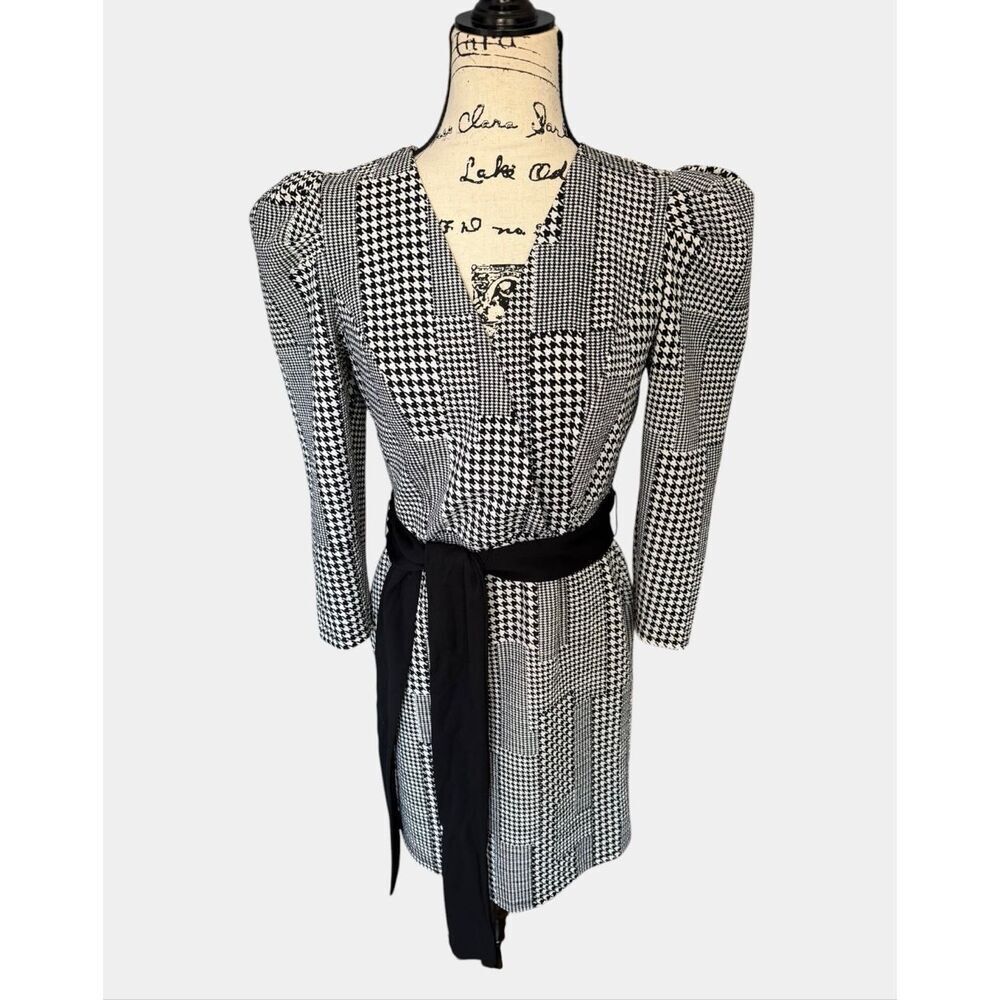 Sami & Jo Retro Houndstooth Dress S Puff Shoulder Long Sleeve V-Neck